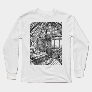 a hand drawn hut with a dog laying on bed Long Sleeve T-Shirt